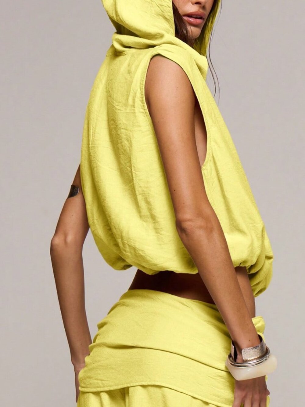 Yellow Casual Women's Textured Linen Cowl Hooded Top with Plunge Neck - Picture 4 of 6